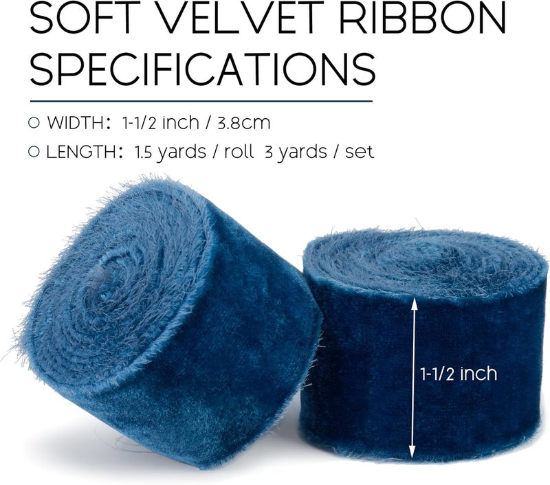 Keypan Blue Velvet Ribbon for Gift Wrapping - 1 1/2 inch Wide Handmade Fringe Fabric Ribbons for Christmas Decorations, Baby Shower, Flower Bouquet - Image 2